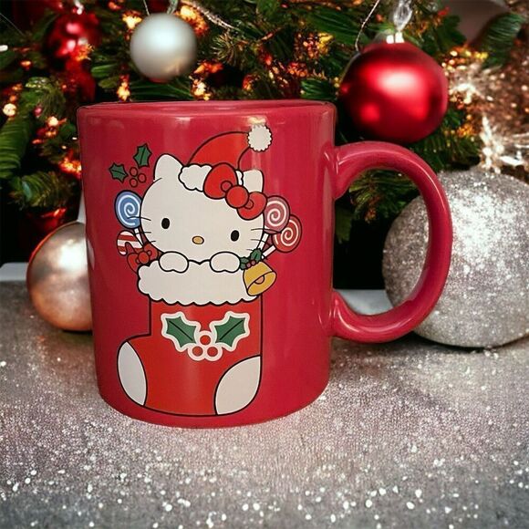 Sanrio Hello Kitty Red Christmas Happy Holidays Ceramic Mug Stocking Wreath 2023 - Picture 1 of 5